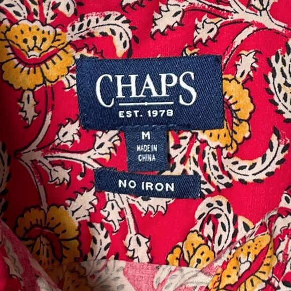 Chaps Ralph Lauren Womens Shirt Button Up Red Yellow Floral No Iron Blouse Top M - Picture 3 of 8